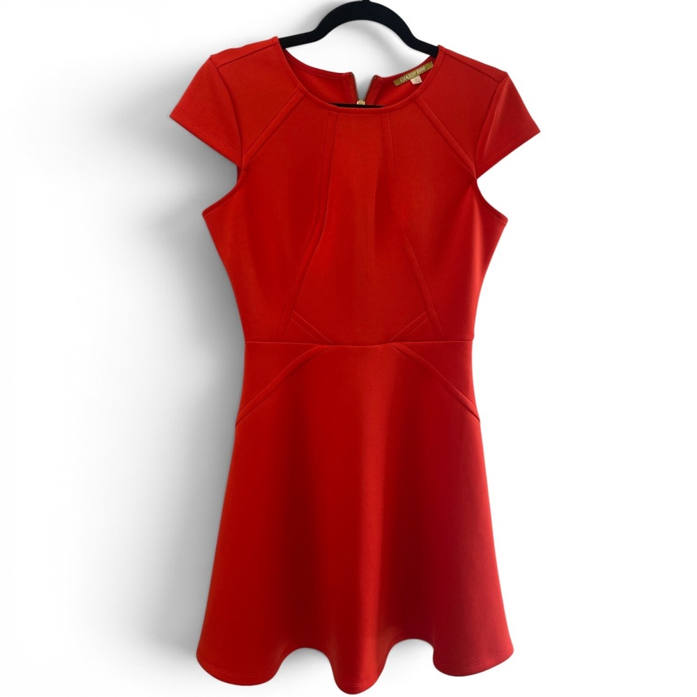 Gianni Bini Orange Scuba Fit and Flare Dress Short Sleeve Gold Zipper Back S